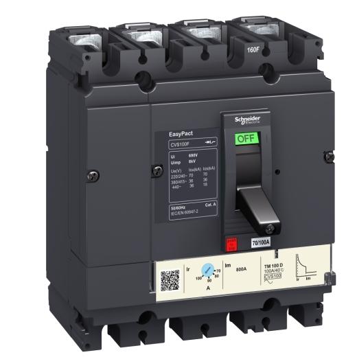 circuit breaker EasyPact CVS100B, 25 kA at 415 VAC, 40 A rating thermal magnetic TM-D trip unit, 4P 3d
