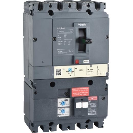circuit breaker EasyPact Vigi CVS100B, 25 kA at 415 VAC, 100 A rating TM-D trip unit, MH Vigi module, 4P 3d